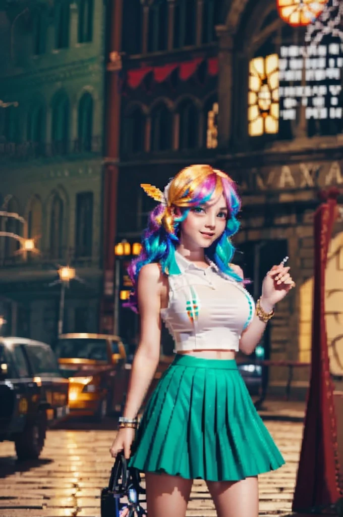 One girl, masterpiece, Very detailed, ((Cinema Lighting)), (Shine), ((Dramatic lighting)), ((Beautiful sparkle)), Exquisite detail, Lens flare, Multicolored Hair, Rainbow Hair, Long Hair, colorfulなドレス, butterflyの髪飾り, butterfly, (Particles of light), Put your arms behind your back, Large Breasts, [Curvy], Cowboy Shot, A light smile, Green Eyes, church, Stained glass, Spotlight, Dark Background, Floating Hair, Floating Hair, View your viewers,((colorful)) Mini Skirt Pleated Skirt