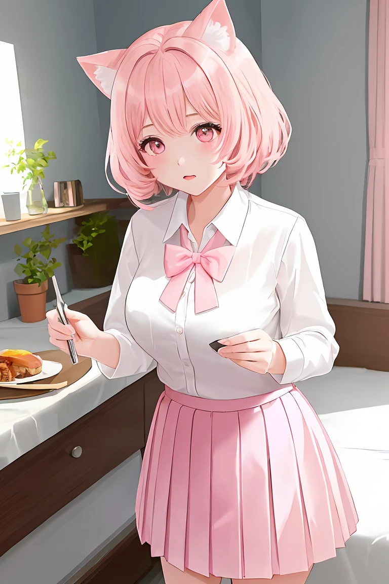 score_9,score_8_up,score_7_up,masterpiece, top quality, best quality, official art, beautiful and aesthetic, animation, , 1girl with cat ear, perfect figure, pink hair, complicated details, bedroom, dawn, BREAKfast preparation, (white shirt, pink pleated skirt:1.5), looking forward to expression, jumping ,