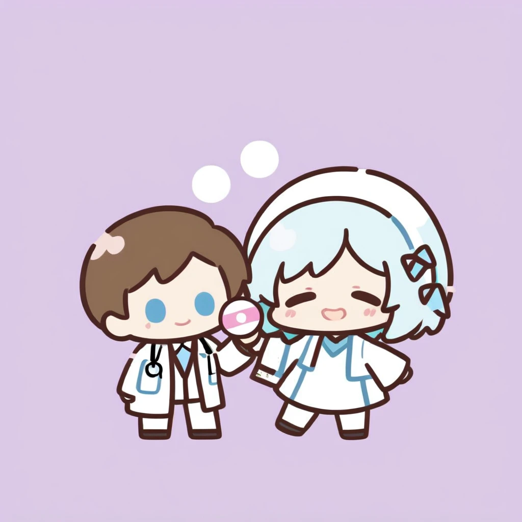 cute, chibi, doctor girl, holding one pill in one hand and 2 pills in the other . happy,