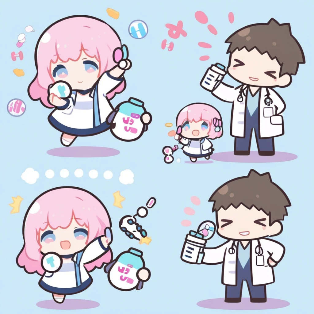 cute, chibi, doctor girl, holding  one pill in one hand and 2 pills in the other . happy, 