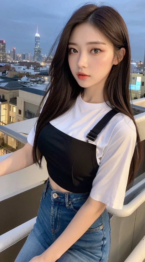 ((Midnight, Best quality, 8k, Masterpiece :1.3)), Whole body, Long legs, Sharp focus :1.2, A pretty woman with perfect figure :1.4, Slender abs :1.1, ((Dark brown hair, Big breasts :1.2)), (White tight tshirt, Jean bib, Standing:1.2), ((Night city view, Rooftop:1.3)), Highly detailed face and skin texture, Detailed eyes, Double eyelid