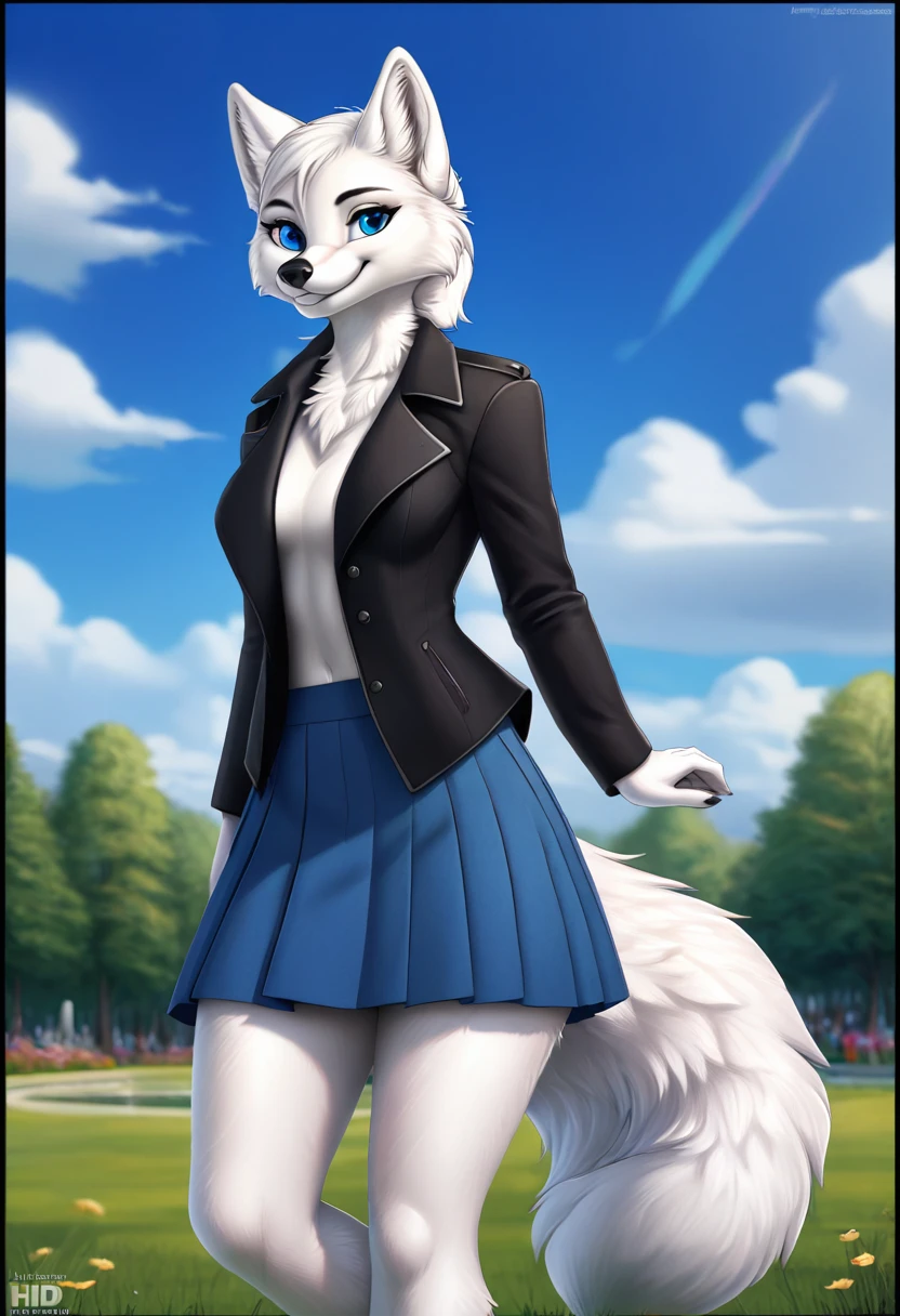 Hairy Women, arctic fox, mammal, A beautiful furry fox girl is standing in a park posing against, She looks at the audience and smiles, Black Trench Coat, Short skirt, looking off to the side, Field of view, sky空, sky, Beautiful blue eyes, Award-winning illustrations|Popular on ArtStation, masterpiece|highly detailed|best quality|HD|8K|uHD|intricate details|extreme_detail
