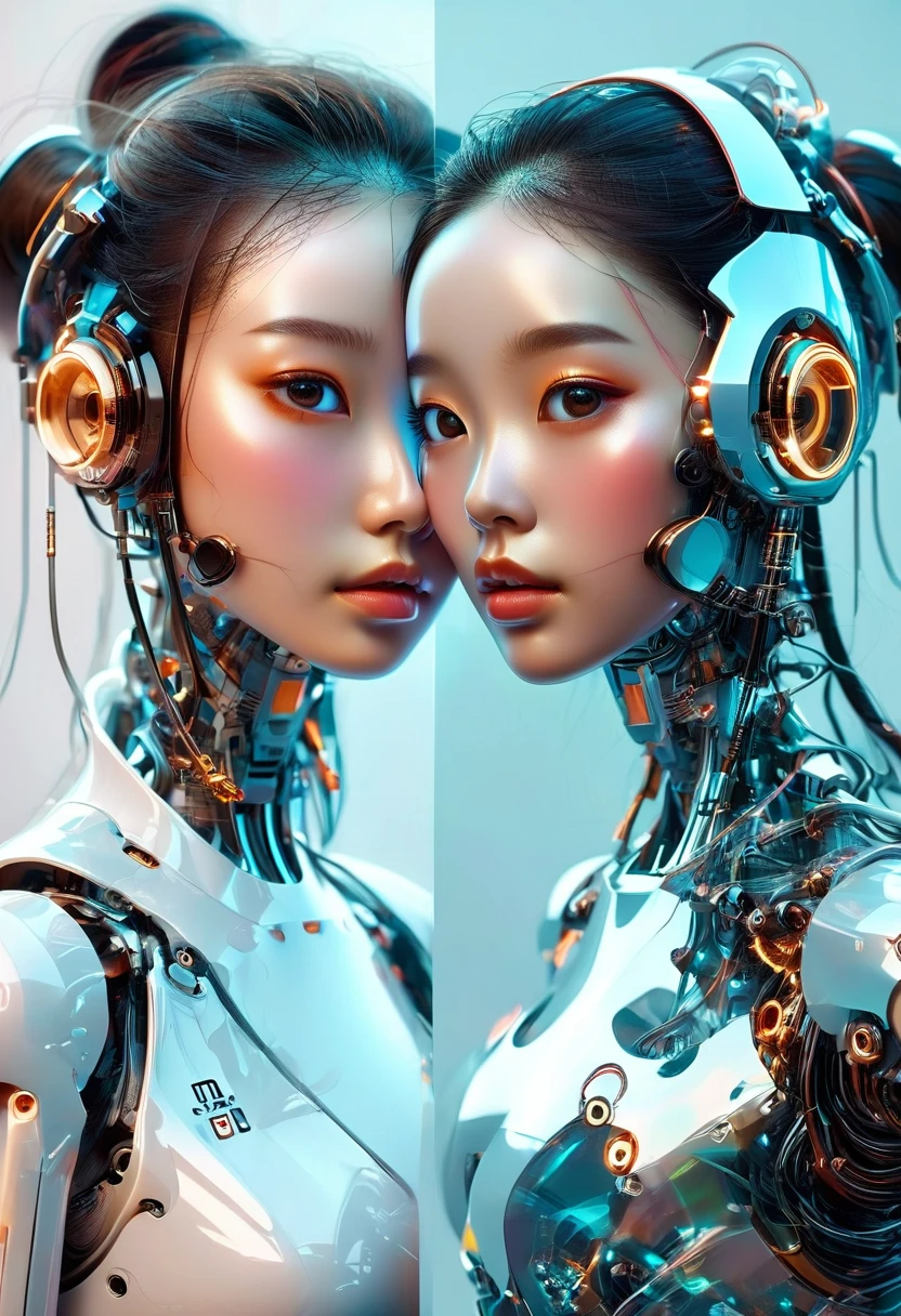 in style of 3D digital illustration, ethereal Shanghai girl, side-by-side comparison, showcasing technology and reality,The illustration on the left depicts her real face the illustration on the right reveals robot face,front view, symmetric, volumetric lighting,minimalist, solid background, high contrast, ultrahigh definition. --ar 3:4 --niji 6