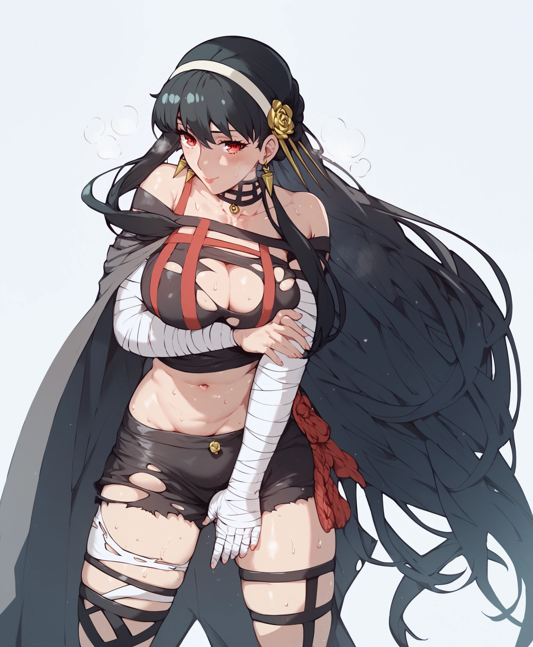 score_9, score_8_up, score_7_up, score_6_up, uncensored, Yor Briar, black hair, earrings, white hairband, hairband, long hair, sidelocks, red eyes, naughty face, shiny skin, sweating, steaming body, heavy breathing, BREAK (masterpiece:1.2), best quality, high resolution, unity 8k wallpaper, (illustration:0.8), (detailed eyes:1.3), extremely detailed face, perfect lighting, extremely detailed CG, (perfect hands, perfect anatomy), looking at viewer, 1girl, bandages, solo, bandaged_arm, choker, breasts, black_choker, collarbone, torn_clothes, navel, torn_shorts, looking_at_viewer,