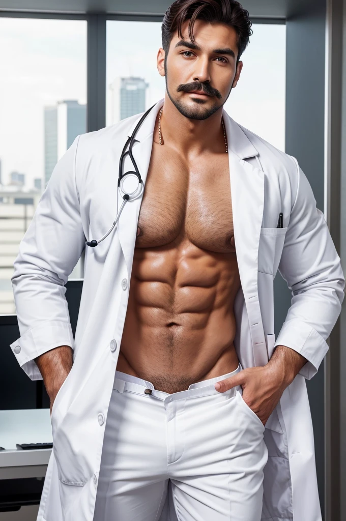 A handsome men with good body personality having six pack and heavy chest and bieceps moustache and beared on his face has dressed with white doctor coat and stethoscope around his neck