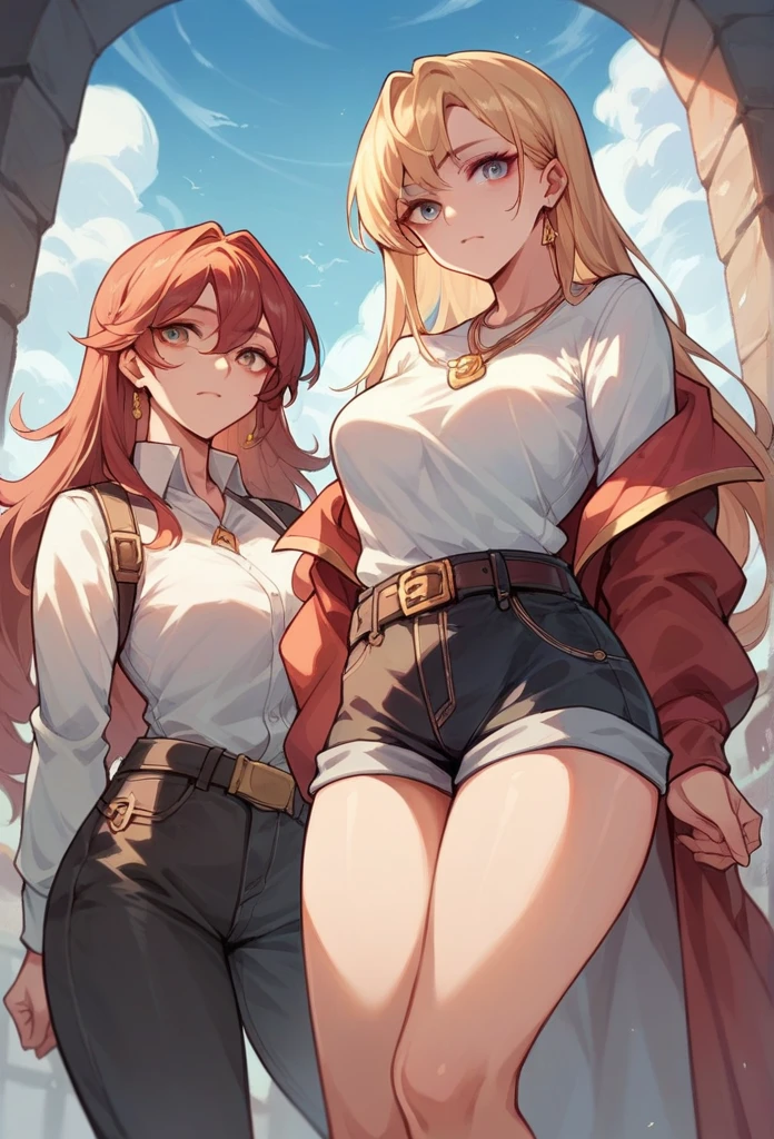 Make a Korean woman with long straight hair one side blue and the other side pink wearing a gold necklace, a white blouse and black shorts with a belt