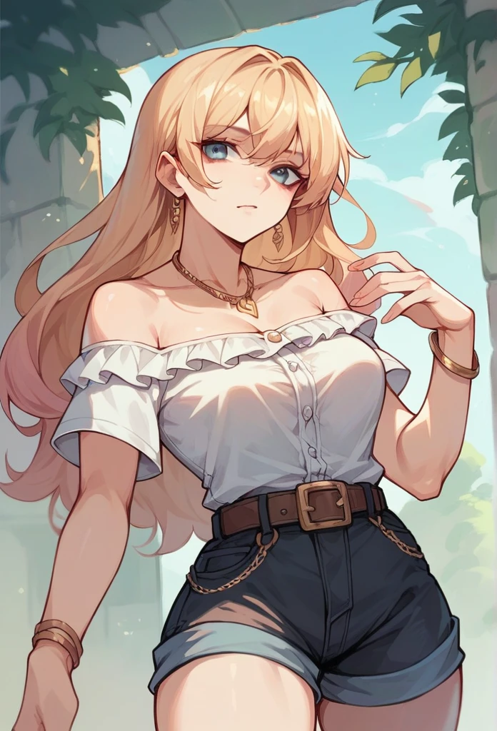 Make a Korean woman with long straight hair one side blue and the other side pink wearing a gold necklace, a white blouse and black shorts with a belt