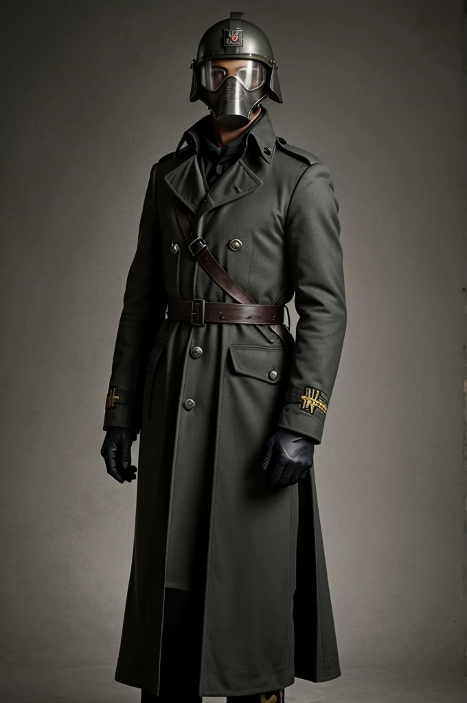 Male age range 17 to 21 German wearing World War II German uniform without paraphernalia, unbuttoned, gray, trenchcoat, gas, mask, cavalry, saber and helmet with the iron cross across his neck