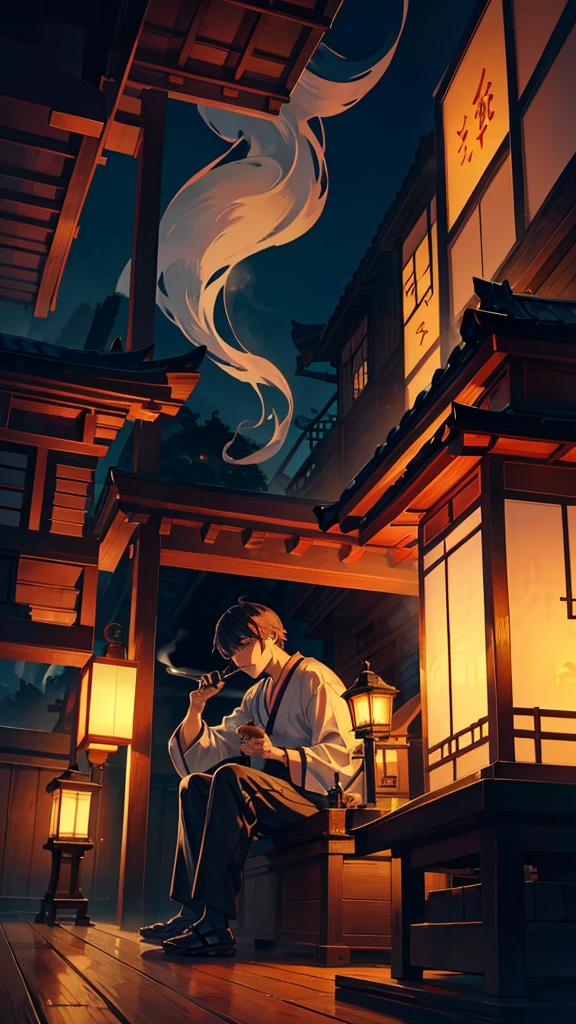 Man holding a smoking pipe,Japanese style architecture,night,Lantern,Sitting,Smoke coming out of his mouth,indoor,high resolution,Handsome,Beautiful depiction,Color Complement,Angle from below,Fantasy