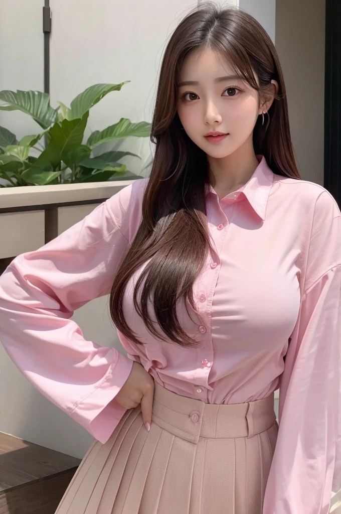 （（Highest quality））、Beauty、Big Breasts、Fully open pink shirt、