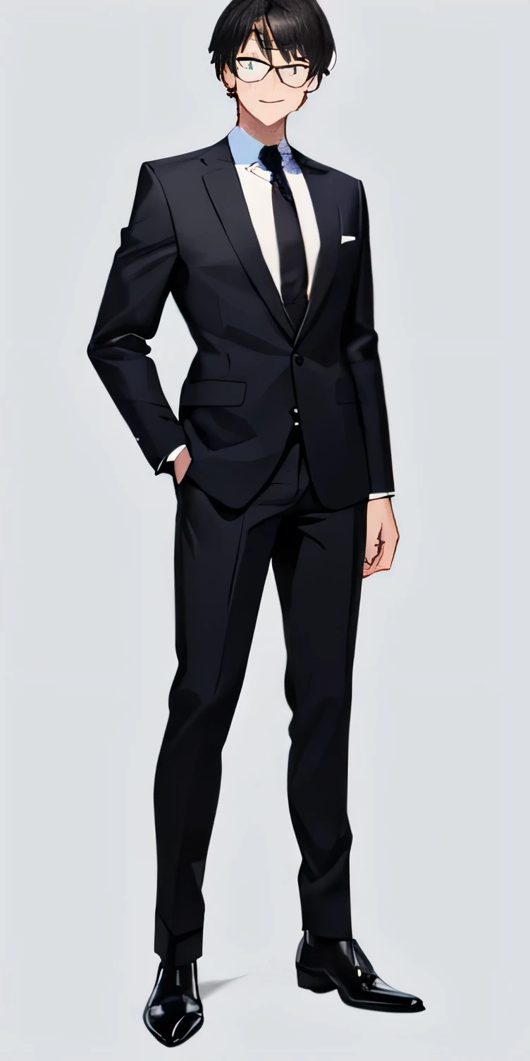 {best quality}、 {{masterpiece}}、 {highres}、 illustration, solo、 sharp focus、{{total body}}、full body、standing、toe、 businessman、man, 1guy、23 years old、black hair、brown eyes、black glasses、business suit、simple background、smile eyes, short hair, looking at viewer, simple background, smile mouth