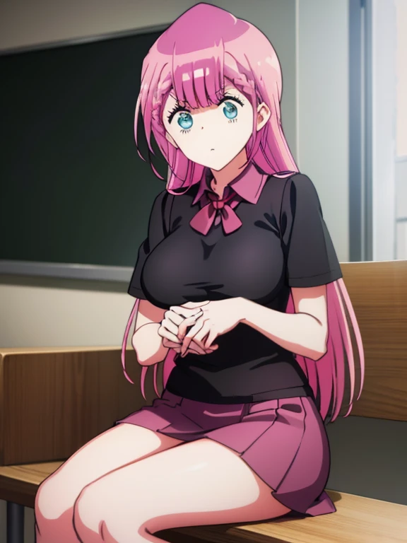 mafuyu kirusu sitting in bench, black t-shirt, sexy body and curves, black thighs, visible shoulder, blur crystal eyes, blue eyes, braid, long hair, twin braids, pink hair, short skirt, BREAK looking at viewer, BREAK indoors, classroom, BREAK (masterpiece:1.2), best quality, high resolution, unity 8k wallpaper, (illustration:0.8), (beautiful detailed eyes:1.6), extremely detailed face, perfect lighting, extremely detailed CG, (perfect hands, perfect anatomy)