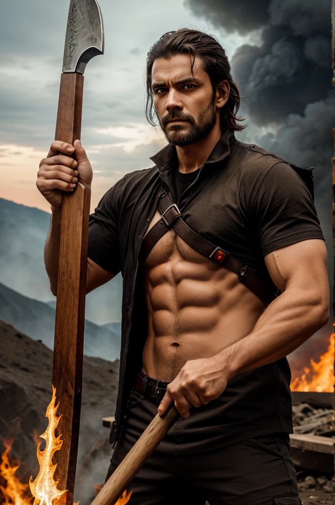A man holding axe with fiery eyes