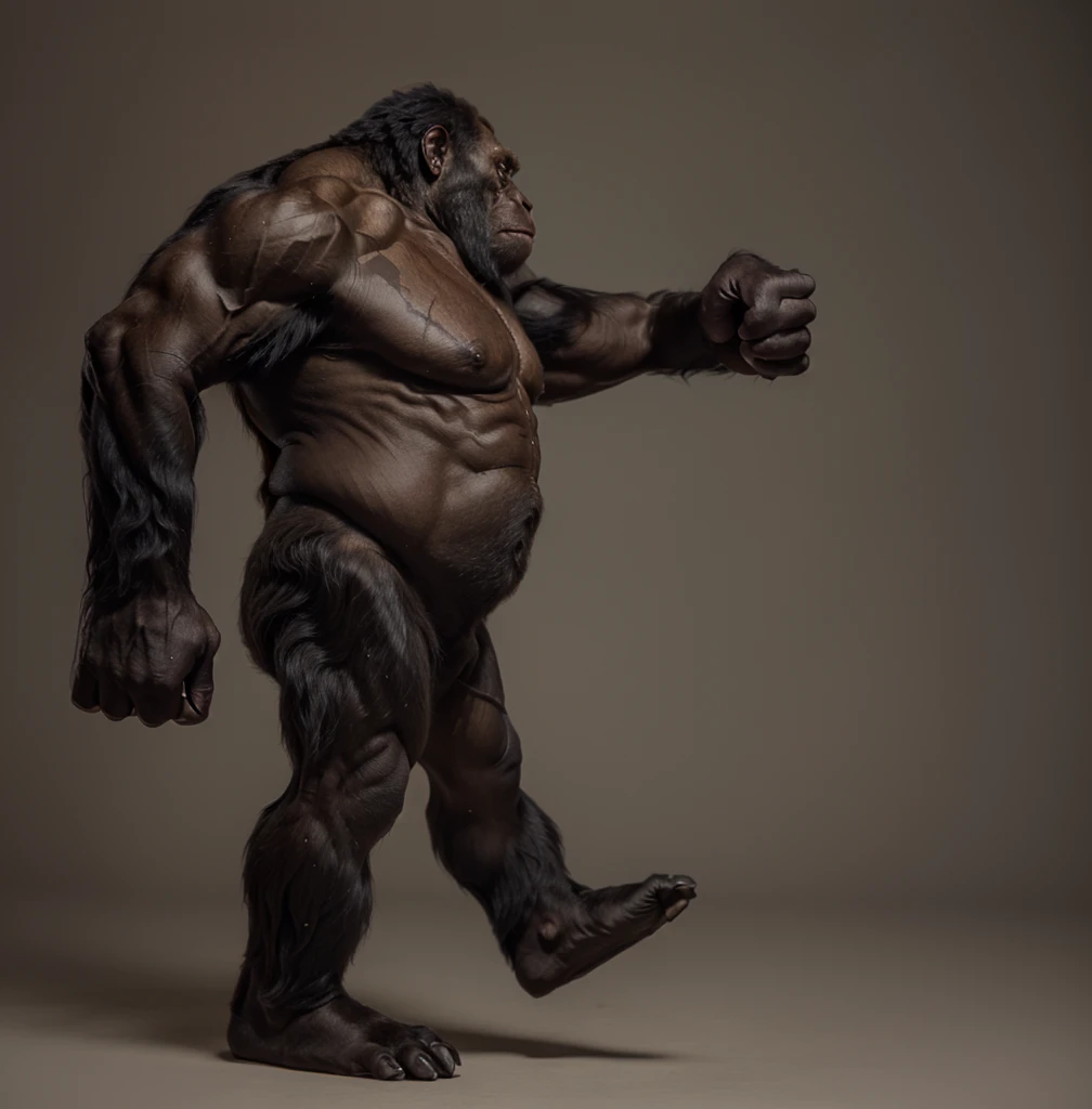 arafed gorilla standing on its hind legs with a white background, gorilla, hand in fist pose, distant full body view, bigfoot, big foot, full body wide shot, whole body highly detailed, like gorilla, sasquatch,muscular, strong body, full body profile, 1/2 view realistic, full body shot hyperdetailed, highly detailed full body, ( sasquatch, full body close-up shot
