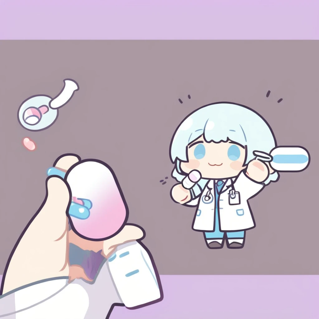 cute, chibi, doctor girl, holding one pill in one hand and 2 pills in the other . happy,
