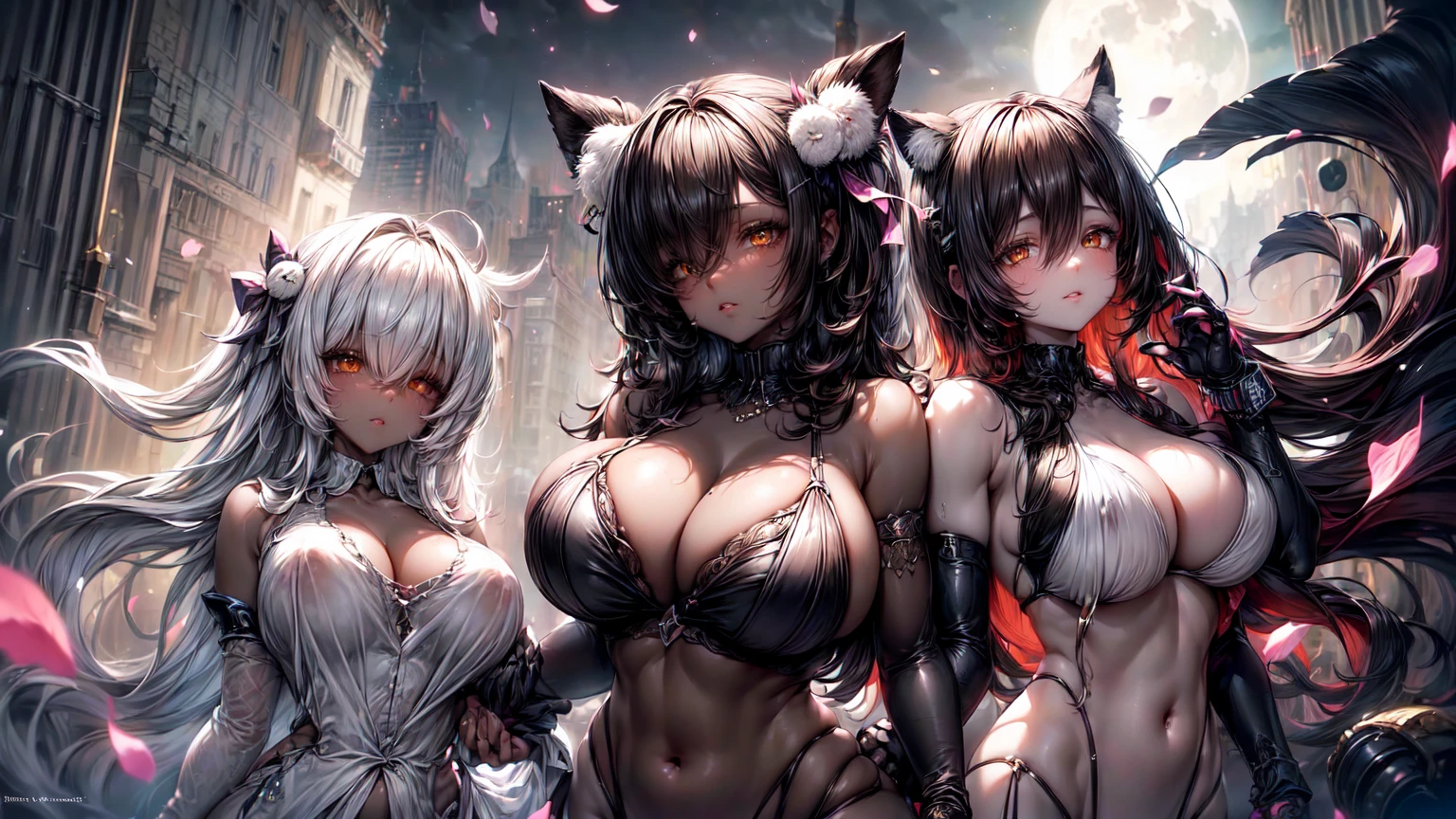 ((((Obra maestra, La mejor calidad, ultrahigh resolution)))), 1girl, standing,), ((long pure brown hair, hair over eye)), long hair cut, shiny skin, ((golden eyes)), glowing_eyes, neon eyes, (ultra detailed eyes:0.7, beautiful and detailed face, detailed eyes:0.9), ((centered)), smirk, facing viewer, ((vibrant background, dark lighting, summer, sunlight)), large chested, looking at viewer, ((half closed eyes)), ((perfect hands)), (((head:1, arms, hips in view, elbows, in view))), ((hands behind back)), empty eyes, beautiful lighting, ((outside, outdoors)), defined subject, head tilt, (((gritty)), ((creepy)), ((cool)), ((beautiful)), (((SFW))), hair ornament, petals in the air, moon in the sky, city, mature woman, adult woman, sfw, pink and white dress, night dress, she is a princess, dark skin, gal,