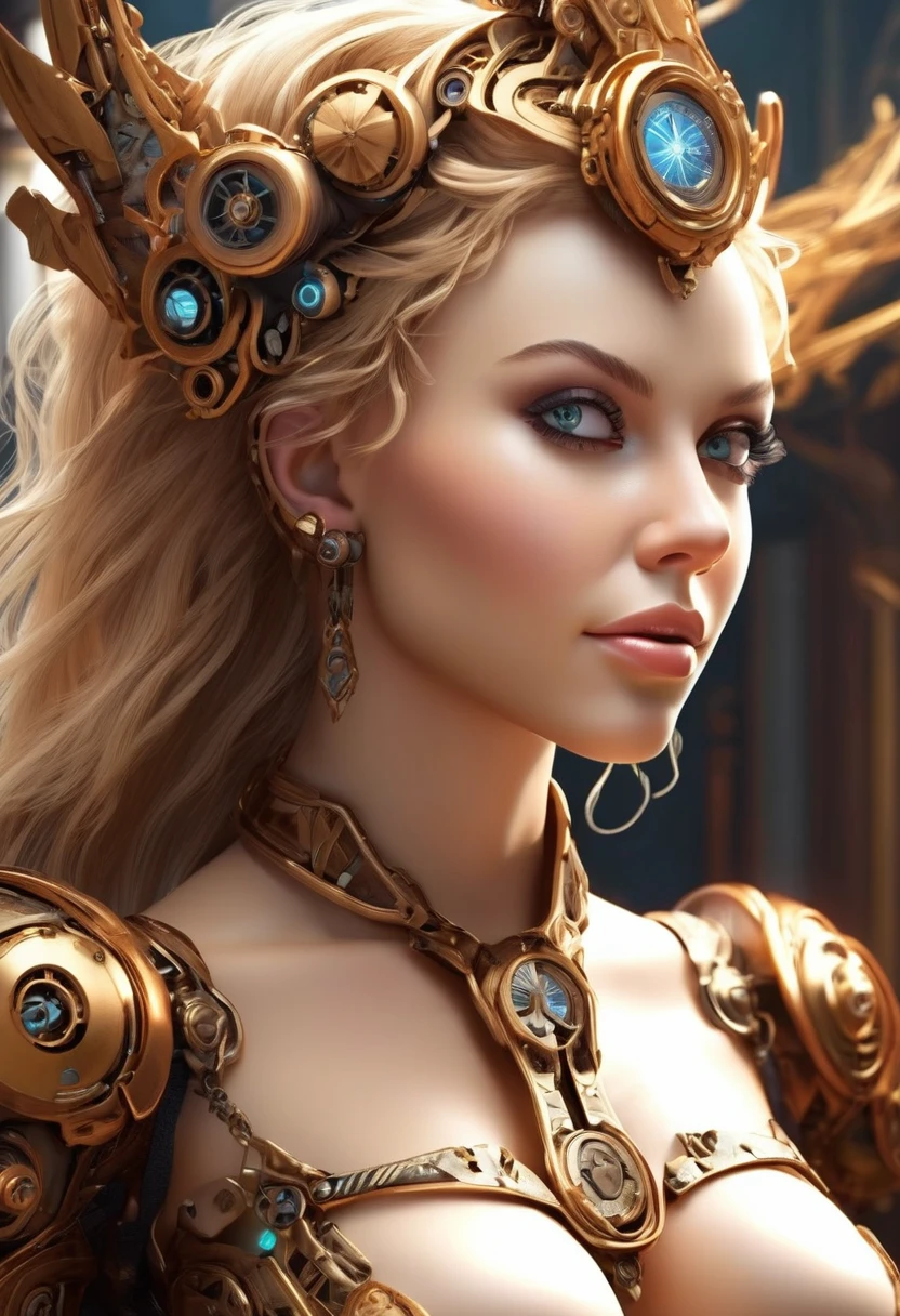 extremely beautiful, female clockwork cyborg, long blonde hair, perky breasts, cleavage, arms and legs made of wood, with exsposed clockwork gears, Wide Smile, Eyes Detailed & Wide, sexy Pose. Ultra HD, Rococo-Inspired Fantasy Art With Intricate Details. Cute, Charming Expression, Alluring-Gaze, looking at viewer Beautiful Eyes, An-Ideal-Figure. Large Youthful Well-Shaped-Breasts, . Massive-Round-Bosom, Décolletage. slim waist, fit body, full lipsWarm lights, sexy shots, attractive poses,Stunnin gly beautiful merge of , Alison Brie, Scarlett Johanson, Dove Cameron. symmetrical face, photorealistic, photography, path tracing, specular lighting, volumetric face light, path traced hairmaximum quality{(masutepiece) (8K High Resolution) (top-quality)