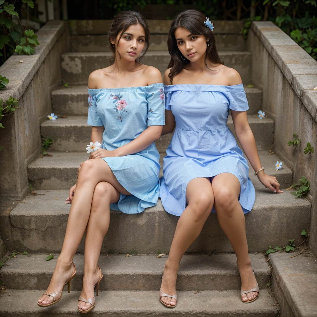 one pretty Woman sitting on steps with legs crossed wearing a light blue off shoulder cotton frock with flowers designed on it she has big and hot body, in a background of Srilanka