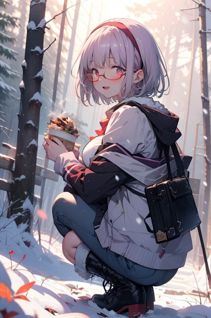 akaneshinjou, shinjou akane, Light purple hair, (Pink Eyes:1.2), short hair,Akagi Glasses,hair band,smile,blush,White Breath,Big Breasts,
Open your mouth,snow,Ground bonfire, Outdoor, boots, snowing, From the side, wood, suitcase, Cape, Blurred, having meal, forest, White handbag, nature,  Squat, Mouth closed, Cape, winter, Written boundary depth, Black shoes, red Cape break looking at viewer, Upper Body, whole body, break Outdoor, forest, nature, break (masterpiece:1.2), Highest quality, High resolution, unity 8k wallpaper, (shape:0.8), (Beautiful and beautiful eyes:1.6), Highly detailed face, Perfect lighting, Highly detailed CG, (Perfect hands, Perfect Anatomy),