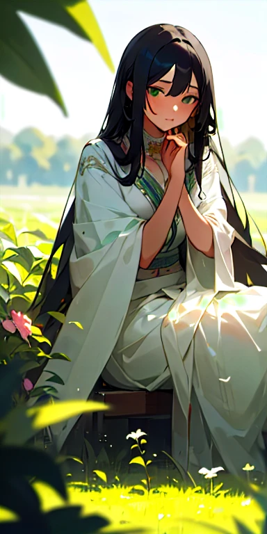 (masterpiece, best quality),1girl with long black hair sitting in a field of green plants and flowers, her hand under her chin, warm lighting, white saree, blurry foreground