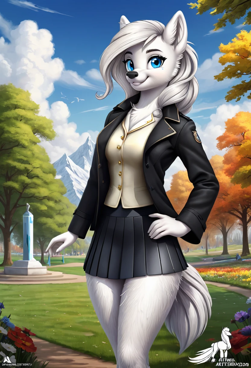 Hairy Women, arctic fox, mammal, Weaver, Weaver-pony, A beautiful furry fox girl is standing in a park posing against, She looks at the audience and smiles, She wears a black trench coat, Short skirt, looking off to the side, Field of view, sky空, sky, Beautiful blue eyes, Award-winning illustrations|Popular on ArtStation, masterpiece|highly detailed|best quality|HD|8K|uHD|intricate details|extreme_detail
