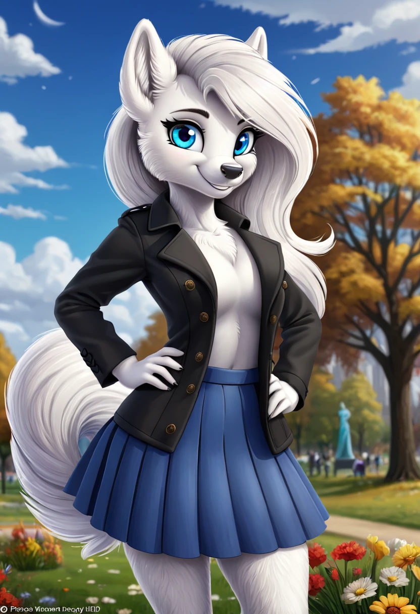 Hairy Women, arctic fox, mammal, Weaver, Weaver-pony, A beautiful furry fox girl is standing in a park posing against, She looks at the audience and smiles, She wears a black trench coat, Short skirt, looking off to the side, Field of view, sky空, sky, Beautiful blue eyes, Award-winning illustrations|Popular on ArtStation, masterpiece|highly detailed|best quality|HD|8K|uHD|intricate details|extreme_detail