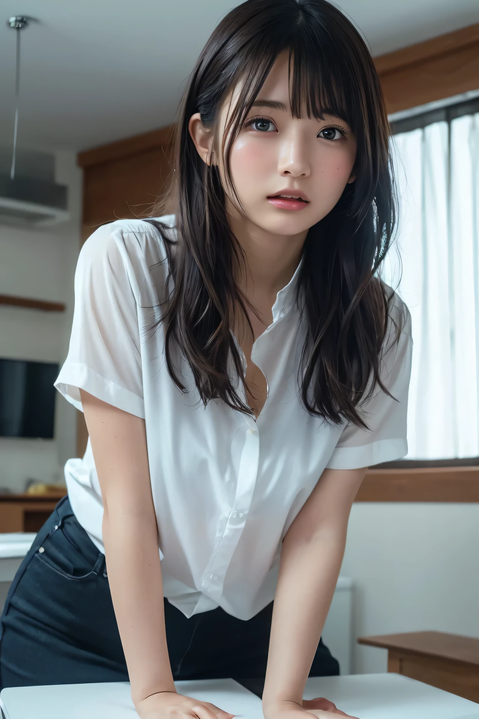 ((Upper Body:1.3)).Blown by the long wind [Blue-black:.3] hair,Looking at the audience, (Tabletop:1.3), (8K, Realistic, RAW Photos, Highest quality: 1.4), Japanese, (1 Girl), Beautiful Face, (Realistic face),{Wavy medium hair|Front hair long bob|short hair with long bangs}{Black hair|Brown hair|Blonde hair}, Beautiful hairstyle, Realistic eyes, Beautiful and beautiful eyes, (Realistic skin), Beautiful Skin, charm, Ultra-high resolution, Surreal, Very detailed, Golden Ratio,Female student peeing in the toilet、shame(Blushing:1.3)