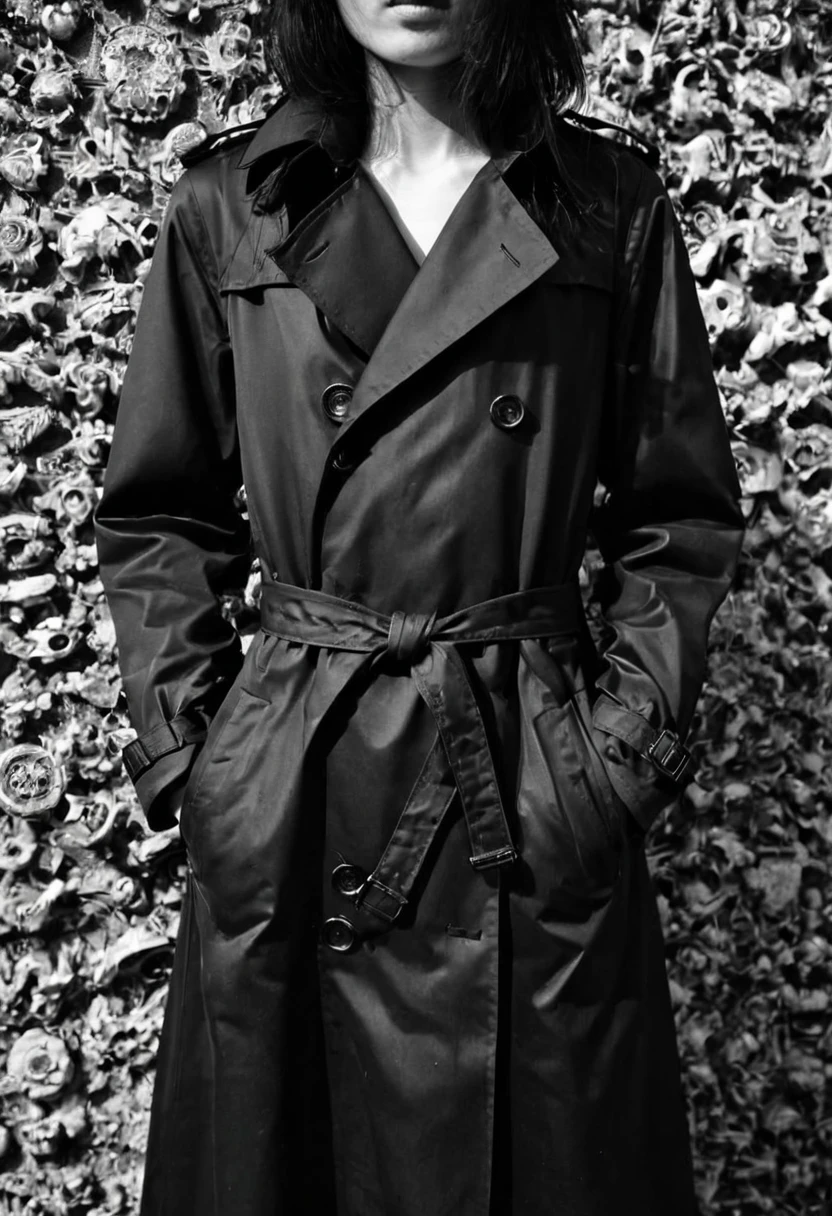 Black Trench Coat, by Daido Moriyama, best quality, masterpiece, very aesthetic, perfect composition, intricate details, ultra-detailed