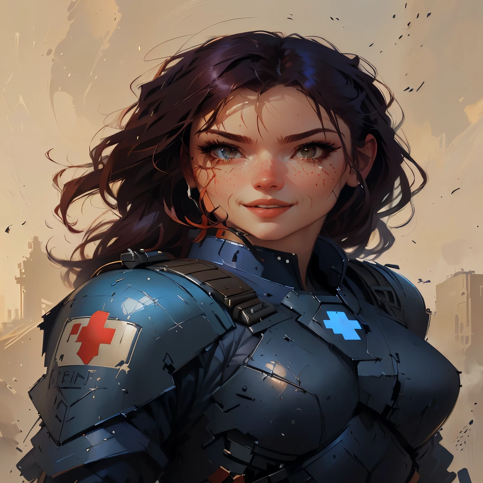 Arafed image of a woman with a very happy face, with a blue uniform and a red cross on the shoulder., Wojtek FUS, artgerm julie bell beetle, artegerm craig mullins, awesome character art, alena aenami and artgerm, artgerm y craig mullins, Artgerm and Atey Ghailan, close-up character portrait, beautiful character painting