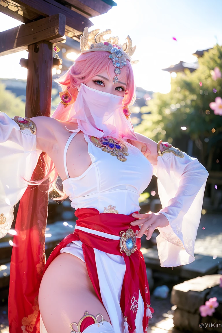 (Extreme Detail CG Unity 8K wallpaper, masterpiece, highest quality), (ulzzang-6500-v1.1:0.4) 1girl, kpop idol, yae miko, detached sleeves, pink hair, long hair, best quality, (photorealistic:1.2), (hair ornament:1.35), jewelry, wearing face veil, (white face veil, silk mask veil:1.2), purple eyes, earrings, (very huge round breasts, big breasts: 1.2), torii, cherry blossoms, lantern light, depth of field, detailed face, face focus, (looking at viewer:1.25), shiny skin, long sleeves, cowboy shot, dynamic pose, (bending forward, Show the armpits, sexypose:1.3), game cg, thigh highs, east asian architecture, night day, blurry background, full body, elegant posture, focused expression, outdoor shrine setting,