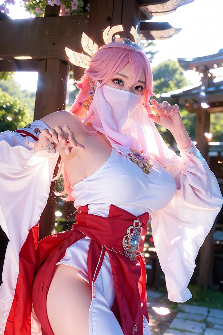 (Extreme Detail CG Unity 8K wallpaper, masterpiece, highest quality), (ulzzang-6500-v1.1:0.4) 1girl, kpop idol, yae miko, detached sleeves, pink hair, long hair, best quality, (photorealistic:1.2), (hair ornament:1.35), jewelry, wearing face veil, (white face veil, silk mask veil:1.2), purple eyes, earrings, (very huge round breasts, big breasts: 1.2), torii, cherry blossoms, lantern light, depth of field, detailed face, face focus, (looking at viewer:1.25), shiny skin, long sleeves, cowboy shot, dynamic pose, (bending forward, Show the armpits, sexypose:1.3), game cg, thigh highs, east asian architecture, night day, blurry background, full body, elegant posture, focused expression, outdoor shrine setting,
