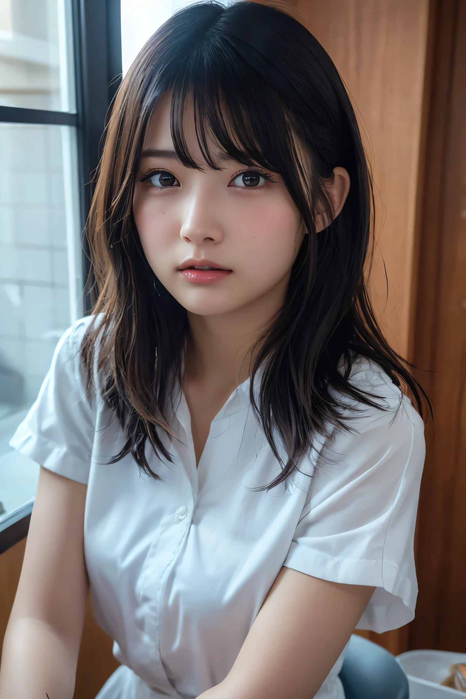 ((Upper Body:1.3)).Blown by the long wind [Blue-black:.3] hair,Looking at the audience, (Tabletop:1.3), (8K, Realistic, RAW Photos, Highest quality: 1.4), Japanese, (1 Girl), Beautiful Face, (Realistic face),{Wavy medium hair|Front hair long bob|short hair with long bangs}{Black hair|Brown hair|Blonde hair}, Beautiful hairstyle, Realistic eyes, Beautiful and beautiful eyes, (Realistic skin), Beautiful Skin, charm, Ultra-high resolution, Surreal, Very detailed, Golden Ratio,Female student peeing in the toilet、shame(Blushing:1.3)