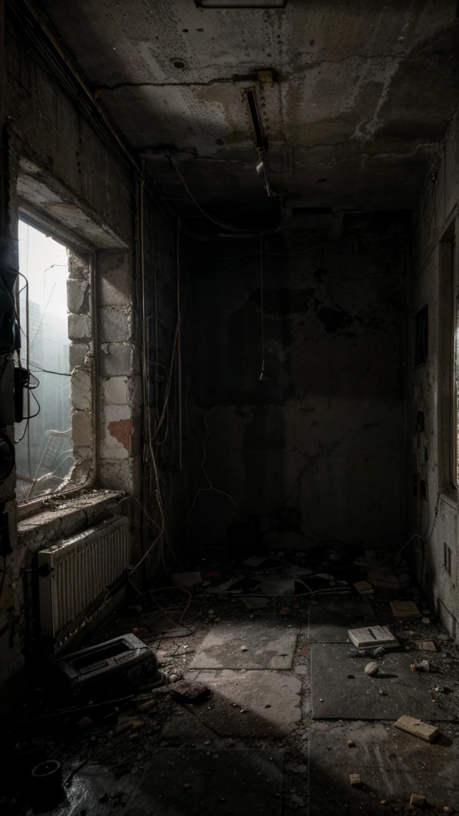a crumbling abandoned concrete bunker interior, cracked concrete walls, dangling wires from ceiling, old damaged electronic equipment, dusty floor, dramatic lighting, gritty, cinematic, moody atmosphere, 4k, ultra-detailed, photorealistic