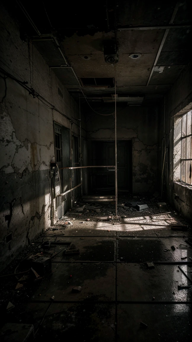 a crumbling abandoned concrete bunker interior, cracked concrete walls, dangling wires from ceiling, old damaged electronic equipment, dusty floor, dramatic lighting, gritty, cinematic, moody atmosphere, 4k, ultra-detailed, photorealistic