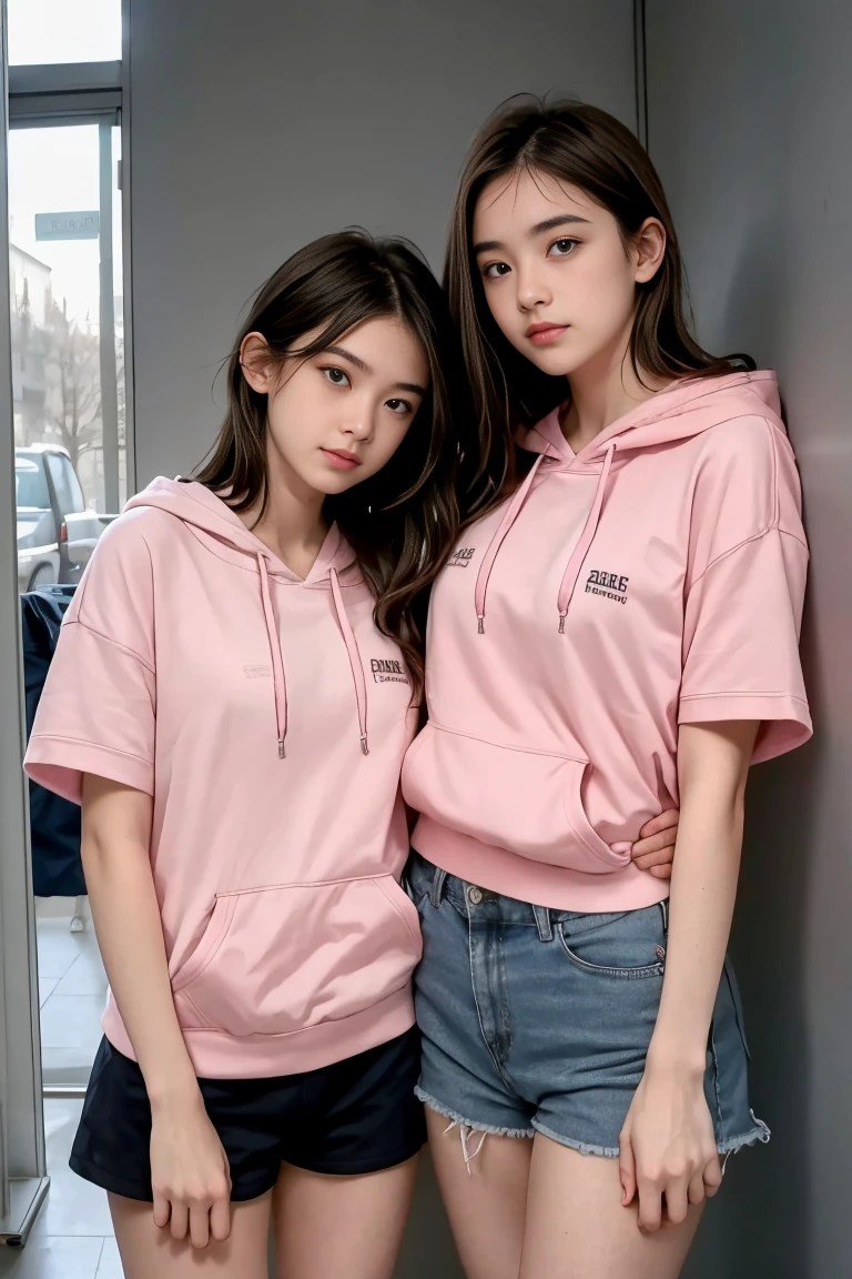 deux femmes ensemble de 18 ans sexy et mince , pink short sleeve hoodie , salle de classe, se touche,position sey,sensuel