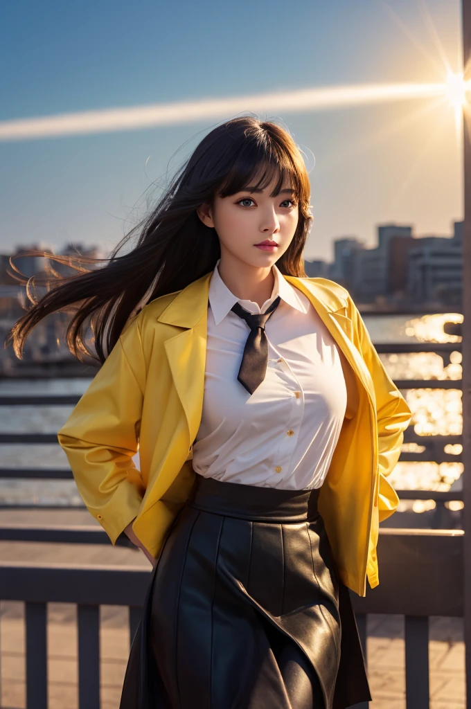 One girl, Exquisite detail, masterpiece, Highest quality, Very detailed,Cinema Lighting, Beautiful sparkle, Beautifully detailed face and eyes, 8K, Dark intense shadows, Yellow Eyes, Medium Hair, Black Hair, bangs, Floating Hair, Black jacket, Open jacket, White shirt, Expressionless, Yellow tie, Black Skirt, Spotlight, sunlight, sunrise, Gradient Sky, city, Lens flare, Cowboy Shot, [[Curvy]], [Mature Woman] The skirt is twisted by the wind