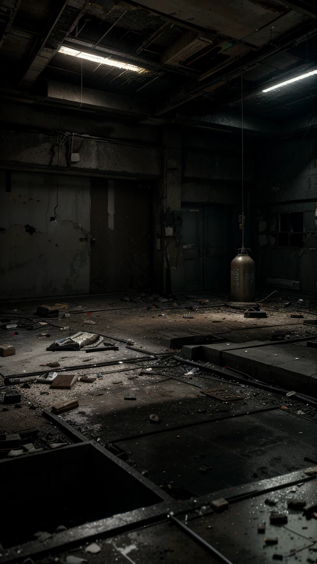 a dilapidated abandoned concrete bunker, cracked concrete walls, dangling wires hanging from the ceiling, old and damaged electronic equipment, dust-covered floor, gritty atmosphere, dramatic lighting, cinematic angle, moody tones, realistic 3D rendering, high level of detail, best quality, 8k, hyper-detailed