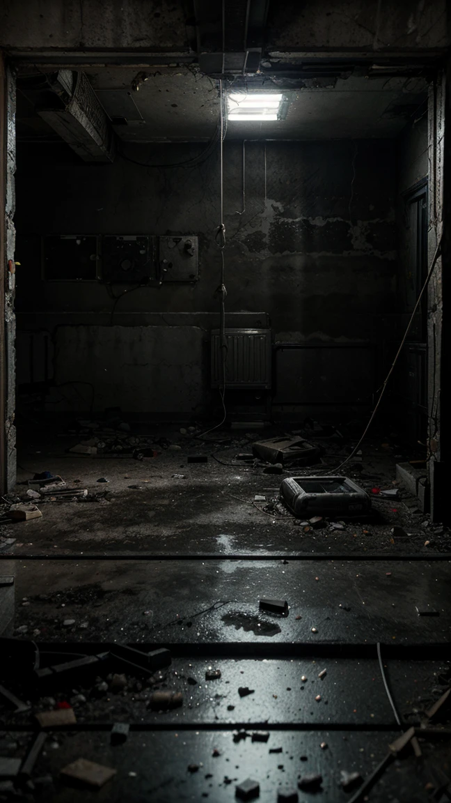 a dilapidated abandoned concrete bunker, cracked concrete walls, dangling wires hanging from the ceiling, old and damaged electronic equipment, dust-covered floor, gritty atmosphere, dramatic lighting, cinematic angle, moody tones, realistic 3D rendering, high level of detail, best quality, 8k, hyper-detailed