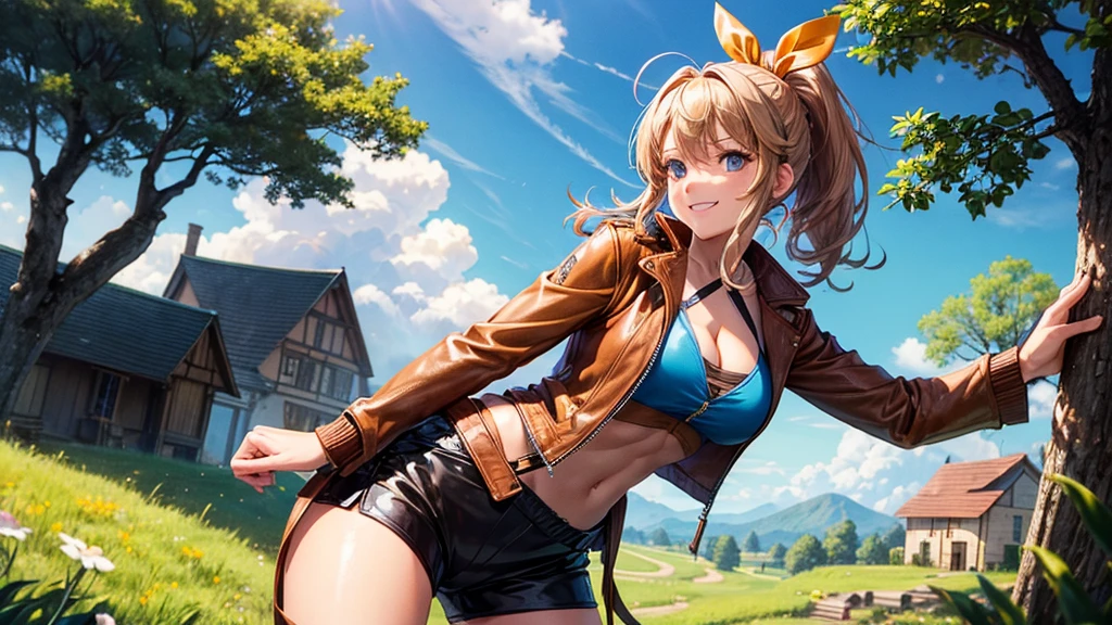 1girl, solo, full body, summer, village, trees, sun, clouds, ((colorful hair)), ponytail, large breasts, ((brown leather jacket)), brown leather shorts, ((blue undervest)), cleavage 1:3, blue eyes, skirt, smile, looking at the viewer, standing, hair ribbon, golden necklate