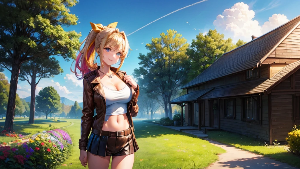 1girl, solo, full body, summer, village, trees, sun, clouds, ((colorful hair)), ponytail, large breasts, ((brown leather jacket)), brown leather shorts, ((blue undervest)), cleavage 1:3, blue eyes, skirt, smile, looking at the viewer, standing, hair ribbon, golden necklate