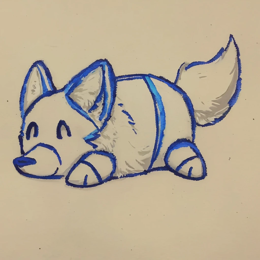 a anthropomorphic blue colored wolf, laying down on a white surface, closed smile, high quality furry art, high quality furry ref, cute.