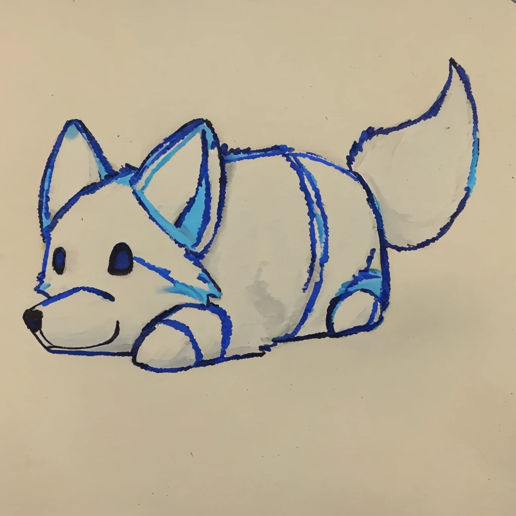 a anthropomorphic blue colored wolf, laying down on a white surface, closed smile, high quality furry art, high quality furry ref, cute.