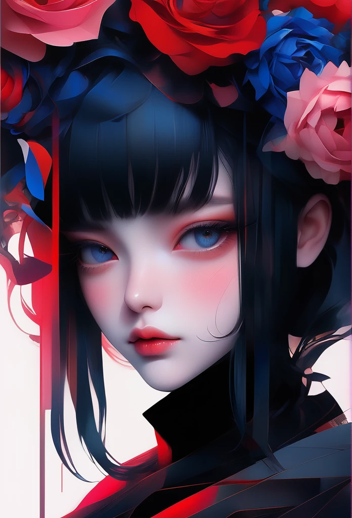 (((1 girl, beautiful detailed eyes, beautiful detailed lips, extremely detailed eyes and face, long eyelashes, unique, pretty face, contour, portrait, shoulder, black high neck, geometric gradients, gradient lines, artistic conception, abstract, minimalism, minimalist lines, portrait, blue flower, flower, pink flower, red flower, red rose, rose, solitary, sunflower, vector, flat style, illustration, digital art illustration)))