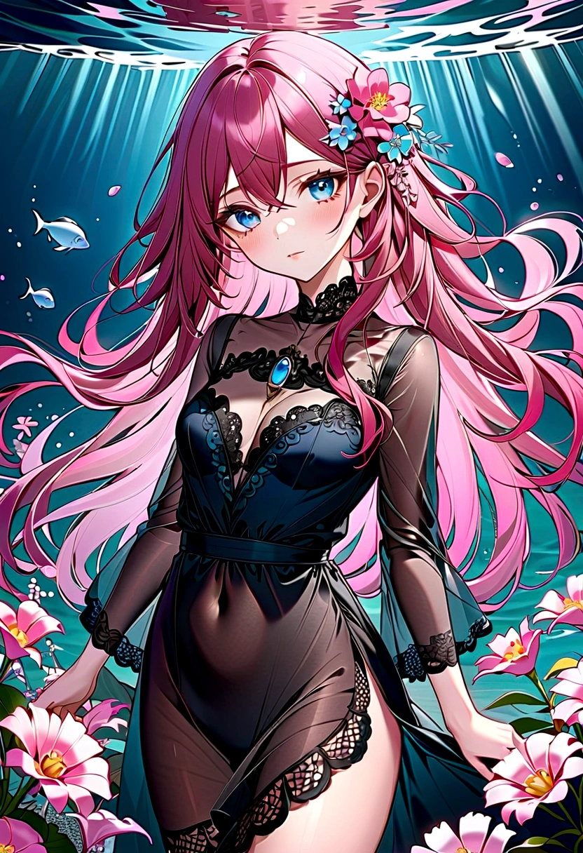 ( absurd , high quality , Extremely detailed, careful hand )Constellation - Cancer Goddess , Similar to Latin goodness , clever, cunning, reasonable, strong-willed face , Mature , tenacious, Moody, Irritability, Sexual style , Ocean blue eyes(Eye details), Long hair , Dark pink hair , Transparent dress , Lace underwear, In a sea of blooming flowers , whole body , Innocent Makeup ,