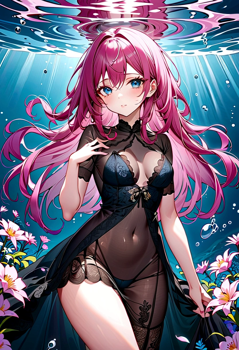 ( absurd , high quality , Extremely detailed, careful hand )Constellation - Cancer Goddess , Similar to Latin goodness , clever, cunning, reasonable, strong-willed face , Mature , tenacious, Moody, Irritability, Sexual style , Ocean blue eyes(Eye details), Long hair , Dark pink hair , Transparent dress , Lace underwear, In a sea of blooming flowers , whole body , Innocent Makeup ,