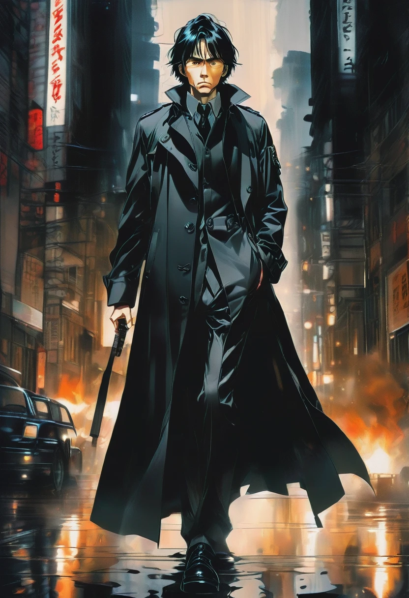 Black Trench Coat, by Naoki Urasawa, best quality, masterpiece, very aesthetic, perfect composition, intricate details, ultra-detailed
