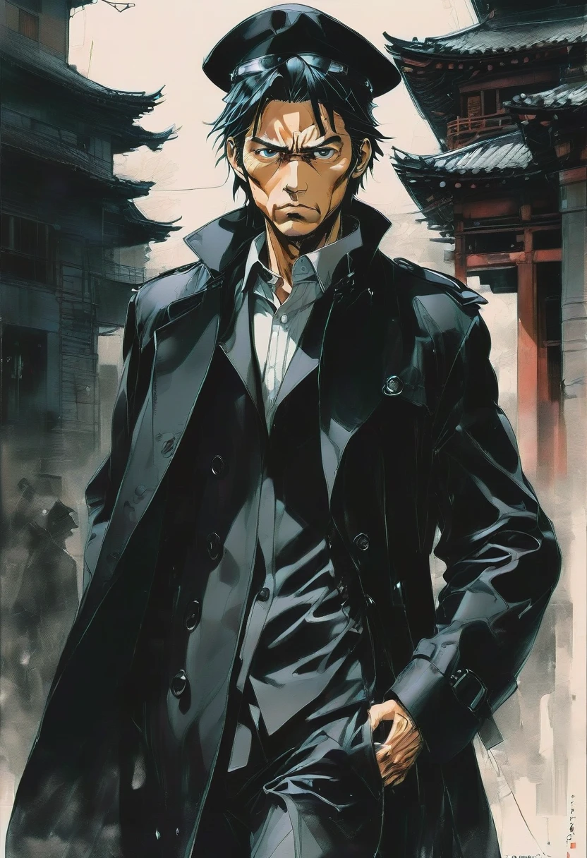 Black Trench Coat, by Naoki Urasawa, best quality, masterpiece, very aesthetic, perfect composition, intricate details, ultra-detailed