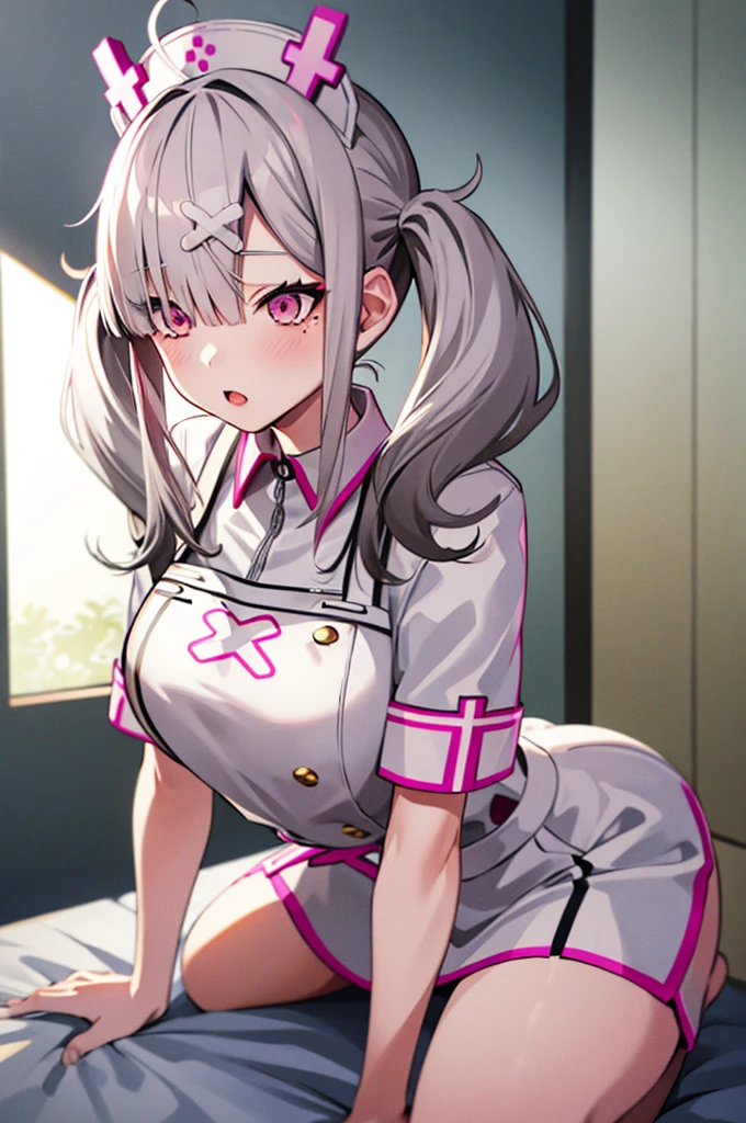 Kenya Hana(Nijisanji),Twin tail hair,Gray Hair,Pink Eyes,White hair ornament,Nurse uniform,Large Breasts,Sexy pose,masterpiece,High resolution