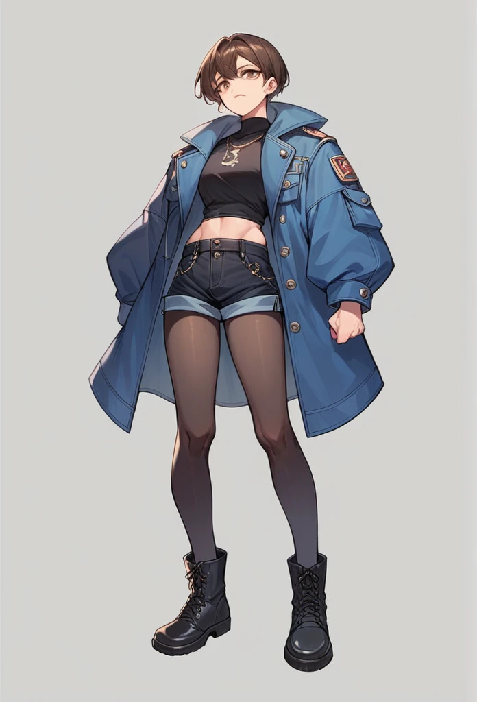 Make a 27 year old Korean woman with shoulder length brown hair straight wearing an open navy blue coat with a black top underneath and short black shorts, He is wearing tights and wearing black ankle boots 