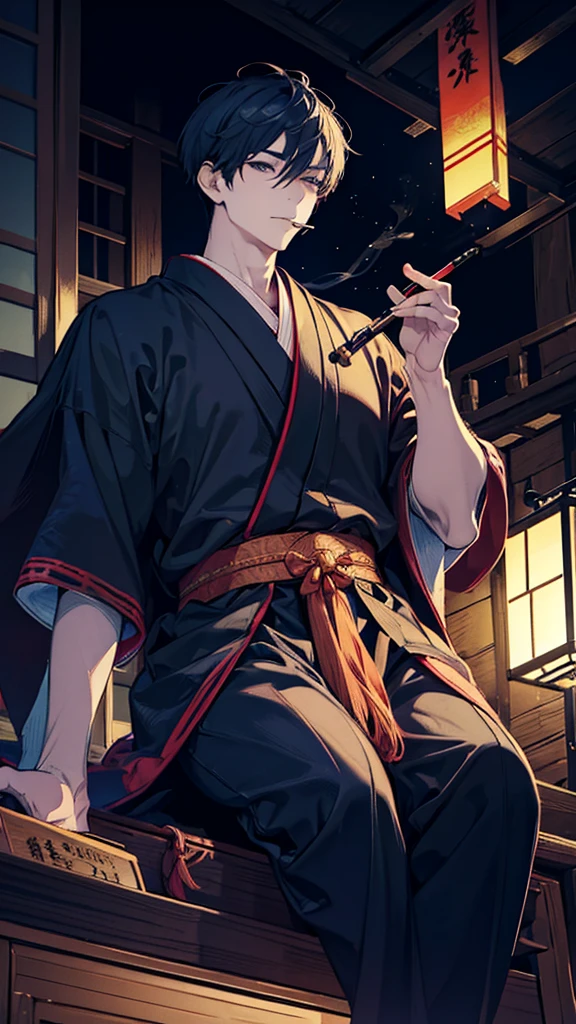 Man holding a smoking pipe,Japanese style architecture,night,Lantern,Sitting,Smoke coming out of his mouth,indoor,high resolution,Handsome,Beautiful depiction,Color Complement,Angle from below,Fantasy